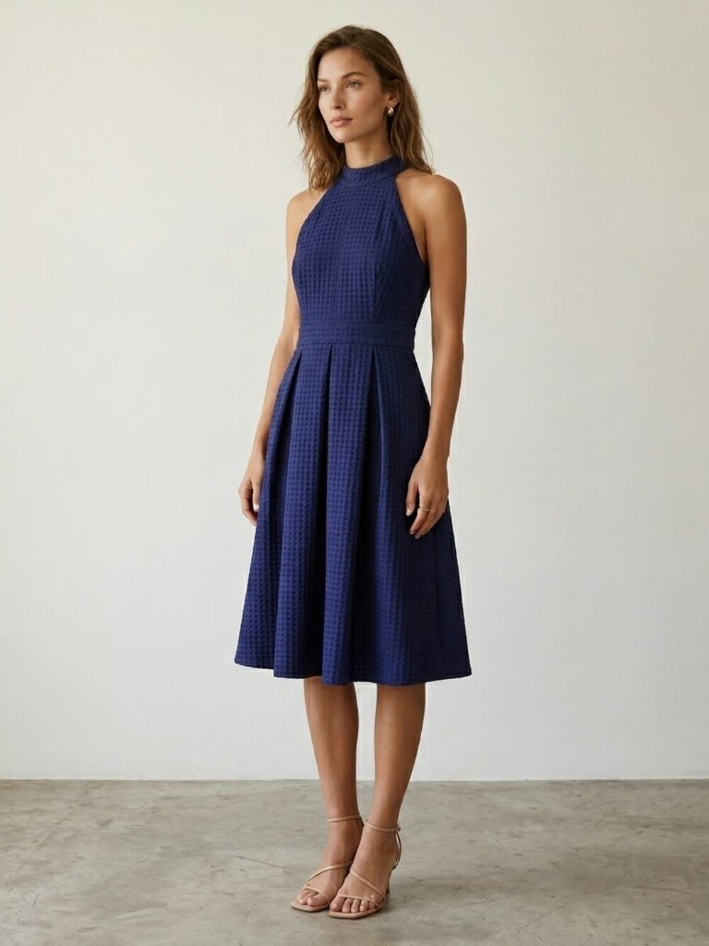 L'atiste Navy Blue Fit & Flare Sleeveless Open Back Dress